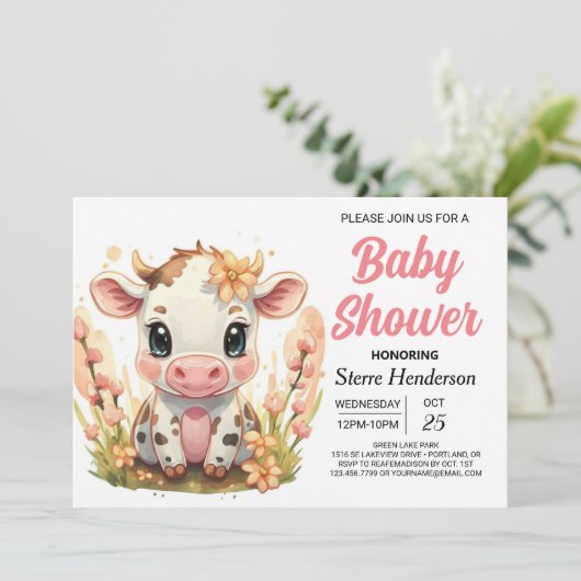 カントリー・ウォーターガーリーカラー牛ベビーシャワー 招待状 (スタンド正面)