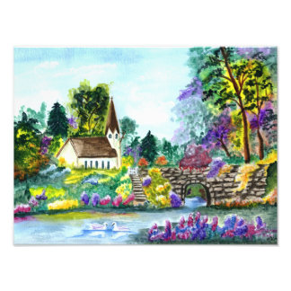 カントリー・チャーチの水絵画色 フォトプリント           