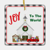 カントリー・チャーチ付き小さな赤いトラック セラミックオーナメント (正面)