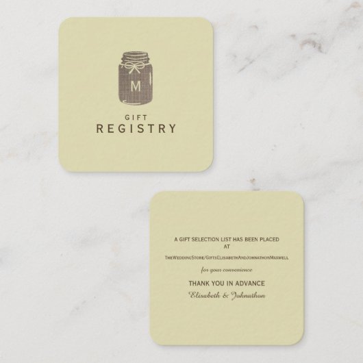 カントリー・バーラップ・メイソン結婚・ジャーのギフト・レジストリ エンクロージャーカード (正面/裏面)