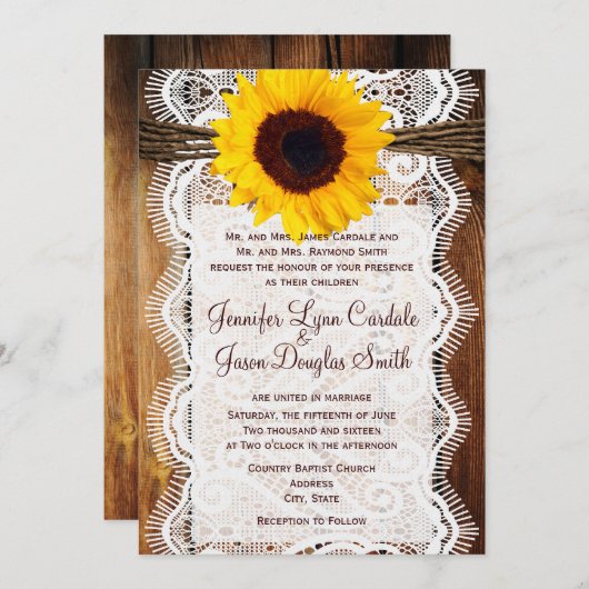 カントリー・バーンウッドレースひまわり式の結婚式の招待 招待状 (正面/裏面)