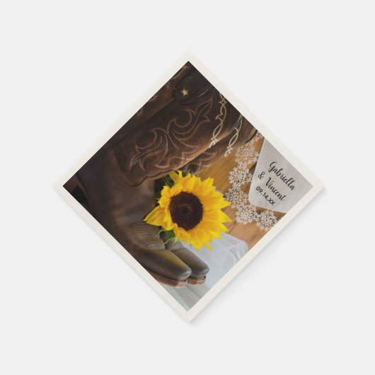 カントリー・ヒマワリとレース・ウェスタン結婚ズ スタンダードカクテルナプキン (角)