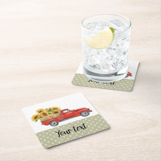 カントリー・ヒマワリーカスタマイズ/ヴィンテージレッド・トラック スクエアペーパーコースター (インサイチュ)