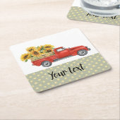 カントリー・ヒマワリーカスタマイズ/ヴィンテージレッド・トラック スクエアペーパーコースター (アングル)