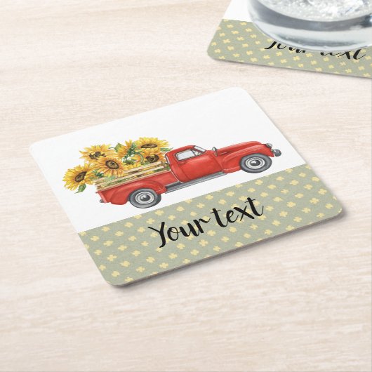 カントリー・ヒマワリーカスタマイズ/ヴィンテージレッド・トラック スクエアペーパーコースター (アングル)