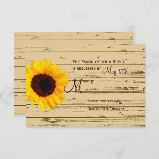 カントリー・ヒマワリー・バ素朴ーンの結婚式の出欠の返事 出欠カード (正面/裏面)