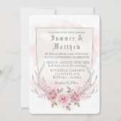 カントリー ピンク グレー 水彩 牡丹 鹿の角 ウェディング 招待状 (正面)