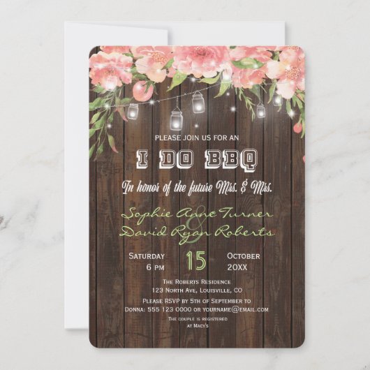 カントリー フラワー オールド バーン メイソンジャー ライト 私も BBQ 招待状 (正面)