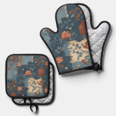 カントリー ブルー ラスト 田舎家風 鍋つかみ&鍋敷きセット (正面/裏面)