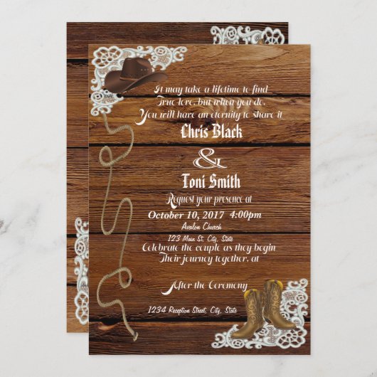 カントリー ブーツ＆レースのウェディング招待状 招待状 (正面/裏面)