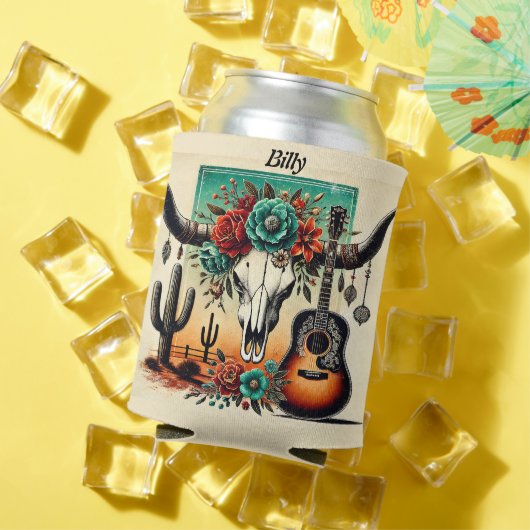 カントリー・ミュージック・ギター・スカルの牛サボテン 缶クーラー (インサイチュ 夏)