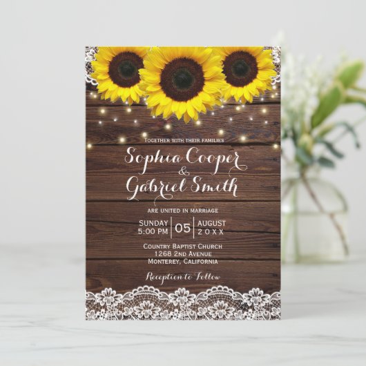 カントリー ラスティック ヒマワリ レース | ウェディング ウッド 招待状 (スタンド正面)