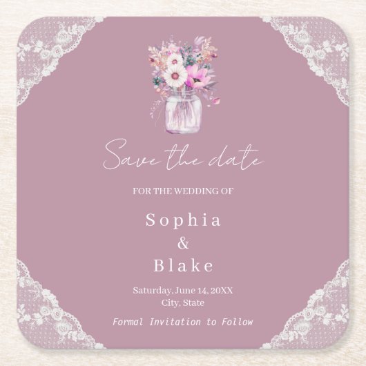 カントリー ラック メイソンジャー ピンク Save the Date スクエアペーパーコースター (正面)