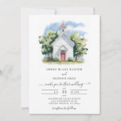 カントリー リトル ホワイト チャペル 水彩 ルーラル ウェディング 招待状 (正面)