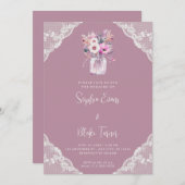 カントリー・レース&メイソン・ジャー・フラワーズピンク結婚ズ 招待状 (正面/裏面)