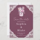 カントリー・レース・メイソン・ジャー・ブルゴーニュ日付を保存 招待状 (正面)