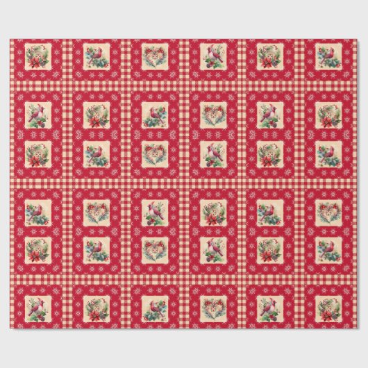 カントリー（鳥）ショウジョウコウカンチョウとフローラリースジンガムスクウェア ラッピングペーパー (フラット)