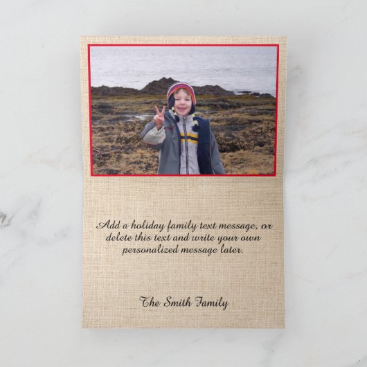 カントリーBurlap家族写真赤メリークリスマス シーズンカード (内部)