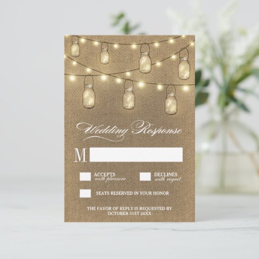 カントリーBurlap Mason JarウェディングRSVPカード 出欠カード (スタンド正面)