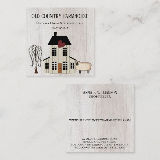 カントリ初期のー素朴オールドファームハウスヒツジ スクエア名刺 (正面/裏面)