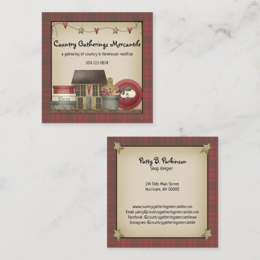 カントリ初期のー・プレイド・アンド・サルトボックス・ハウス スクエア名刺 (正面/裏面)