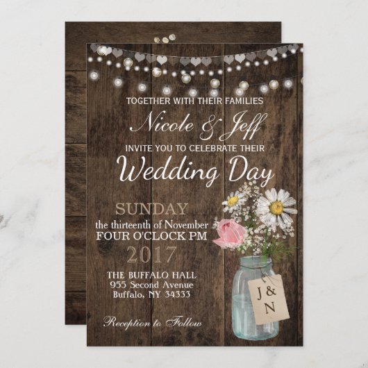 カントリ素朴フラワーメイソンジャールバ結婚ーン 招待状 (正面/裏面)
