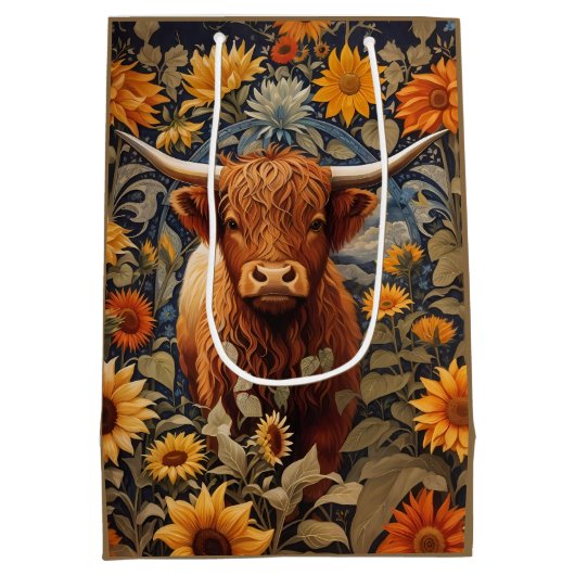 カントリ素朴ーサイドハイランドカウヒマワリ ミディアムペーパーバッグ (裏面)