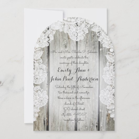 カントリ素朴ースフェイクレースバーンウッド結婚ズ 招待状 (正面)