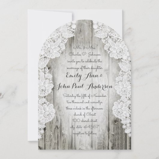 カントリ素朴ースフェイクレースバーンウッド結婚ズ 招待状 (正面)