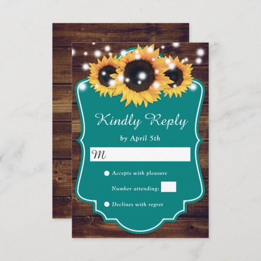 カントリ素朴ーティール（緑がかった色）ウッドサンフラワー結婚ズ 出欠カード (正面/裏面)