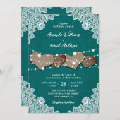 カントリ素朴ーティール(緑がかった色)バーラップレース結婚ズ 招待状 (正面/裏面)
