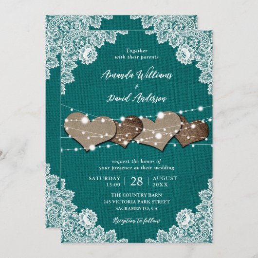 カントリ素朴ーティール(緑がかった色)バーラップレース結婚ズ 招待状 (正面/裏面)