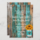 カントリ素朴ーティール（緑がかった色）バーンウッドサンフラワーメイソンジャー 招待状 (正面/裏面)
