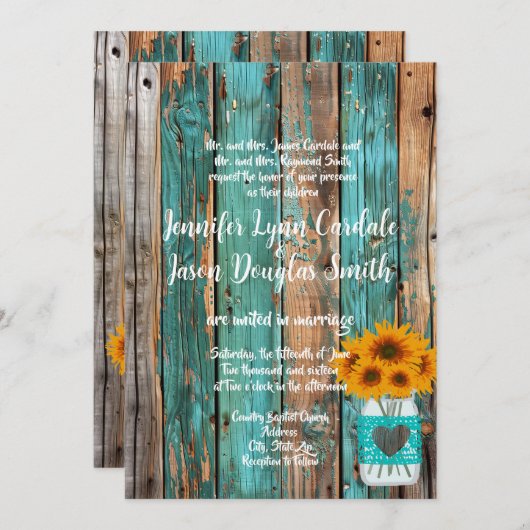 カントリ素朴ーティール(緑がかった色)バーンウッドサンフラワーメイソンジャー 招待状 (正面/裏面)