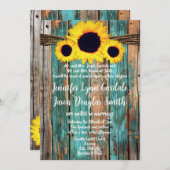 カントリ素朴ーティール（緑がかった色）バーンウッドサンフラワー結婚ズ 招待状 (正面/裏面)