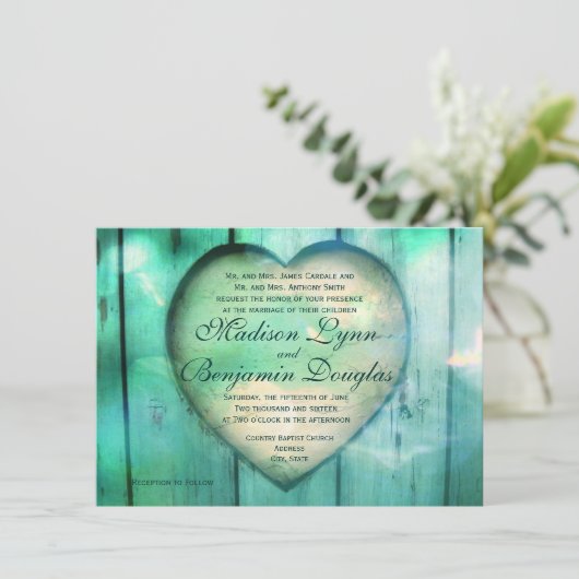 カントリ素朴ーハートアクアウッド結婚式招待状 招待状 (スタンド正面)
