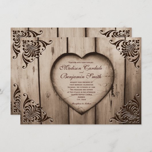 カントリ素朴ーハートバーンウッド結婚式招待状 招待状 (正面/裏面)