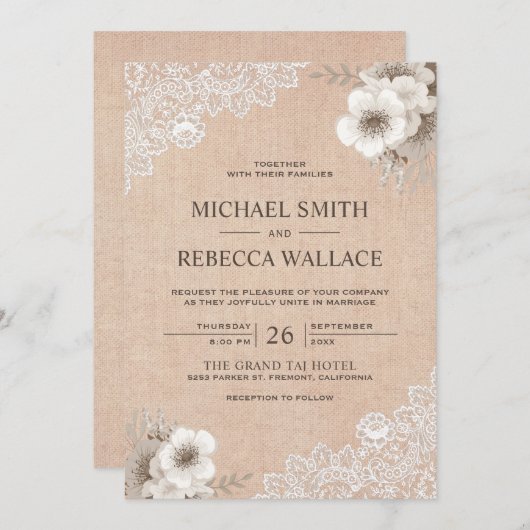 カントリ素朴ーバーラップレースアイボリーフローラ結婚 招待状 (正面/裏面)