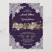 カントリ素朴ーパープルバーラップレース結婚ズ 招待状 (正面/裏面)