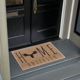 カントリ素朴ーフェイクブルラップムースヘッドファミリー名 ドアマット