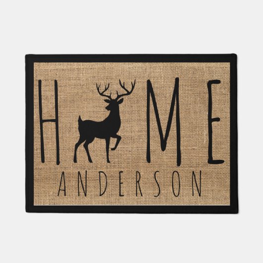 カントリ素朴ーフェイク・バーラップ・バック・ファミリー名 ドアマット (正面)