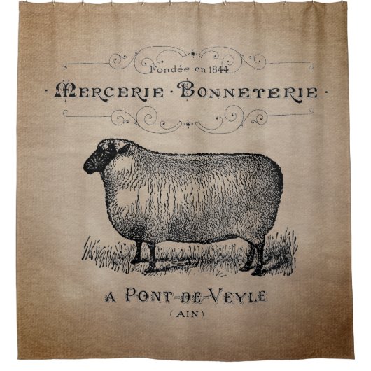 カントリ素朴ーフランスのシープタイポグラフィファームハウス シャワーカーテン (正面)