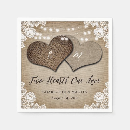 カントリ素朴ーモノグラムバーラップアンドレース結婚ズ スタンダードカクテルナプキン (正面)