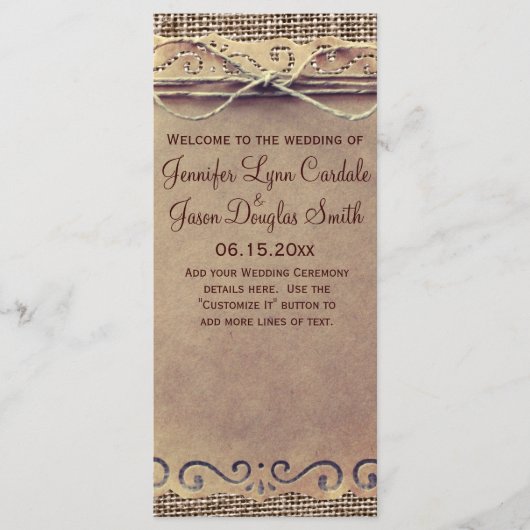 カントリ素朴ーヴィンテージバーラップ結婚式 プログラム (正面)