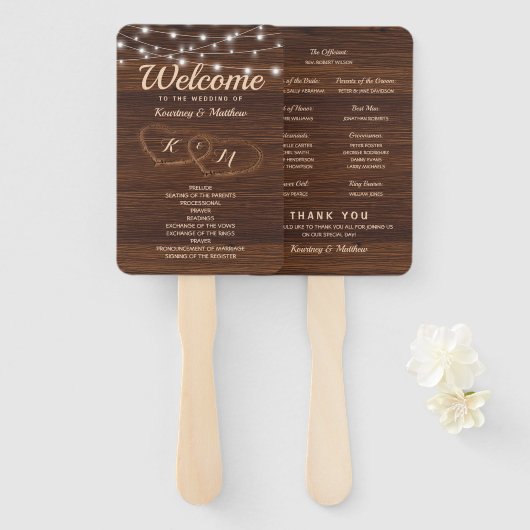 カントリ素朴ー彫り木材ハート結婚式 プログラム ハンドファン (正面&裏面)