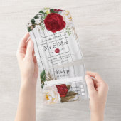 カントリ素朴ー赤と白ボホフローラ結婚ズ オールインワン招待状 (貼ってはがせる)