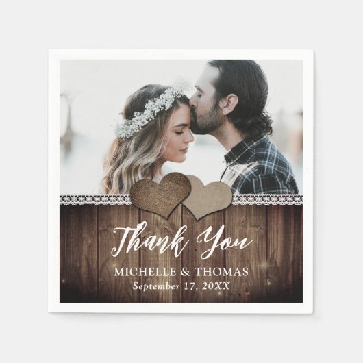 カントリ素朴ー・ウッド・バーラップ結婚・レースの写真 スタンダードカクテルナプキン (正面)