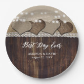 カントリ素朴ー・ウッド・バーラップ・アンド・レース結婚ズ ペーパープレート (正面)