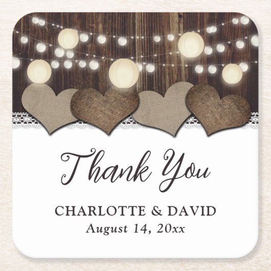カントリ素朴ー・ウッド・バーラップ・レース・ランタン結婚ズ スクエアペーパーコースター (正面)