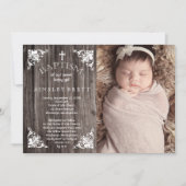 カントリ素朴ー・ウッド・ベビーガール写真バプテスマ 招待状 (正面)